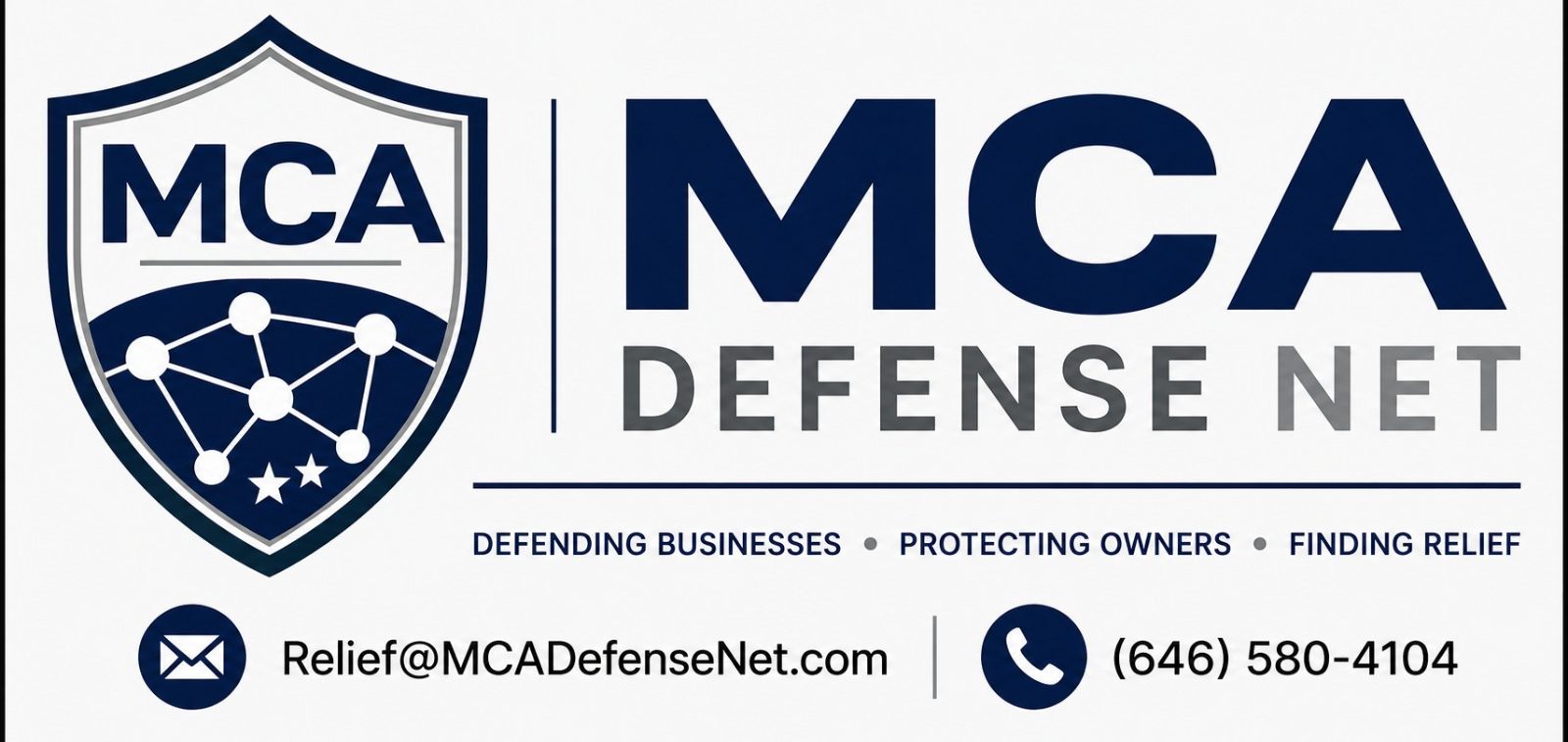 Merchant Cash Advance Defense Network MCA Defense Net logo featuring a shield symbol representing protection for businesses and owners facing merchant cash advance lawsuits.
