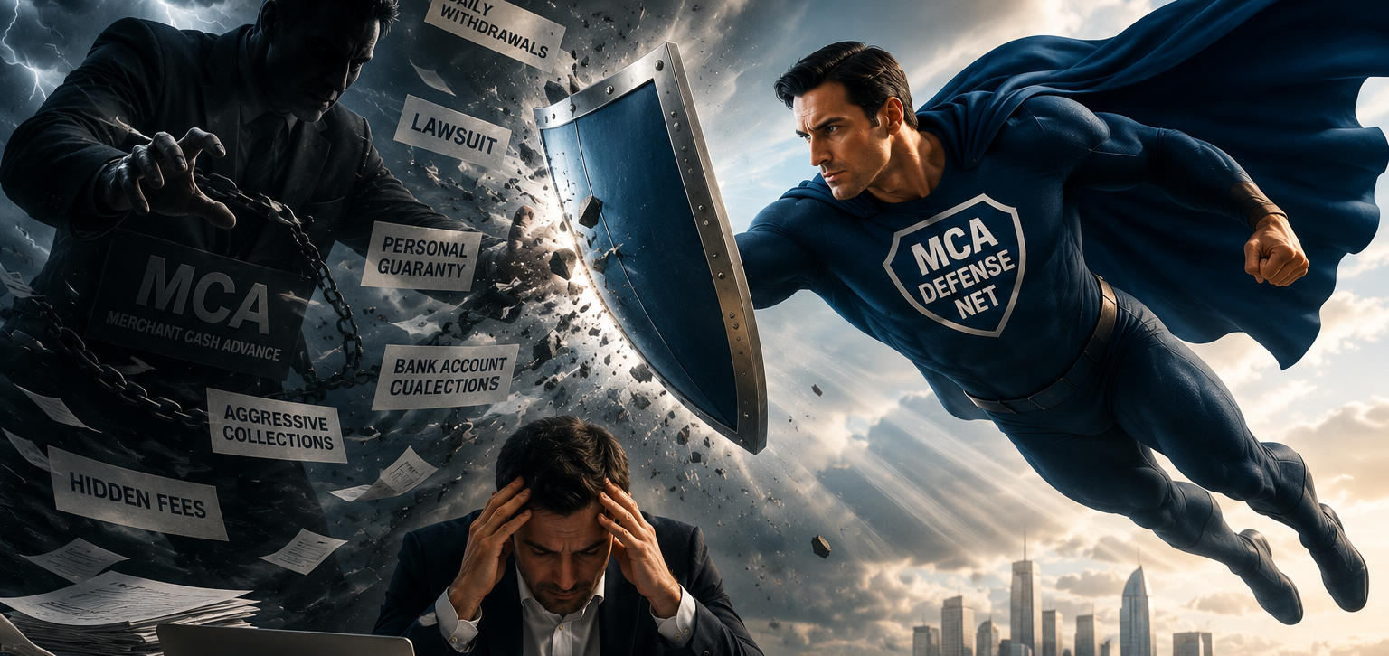 Frequently Asked Questions About MCA Lawsuits and Business Protection Merchant cash advance defense image depicting a business owner under financial pressure while MCA Defense Net shields the company