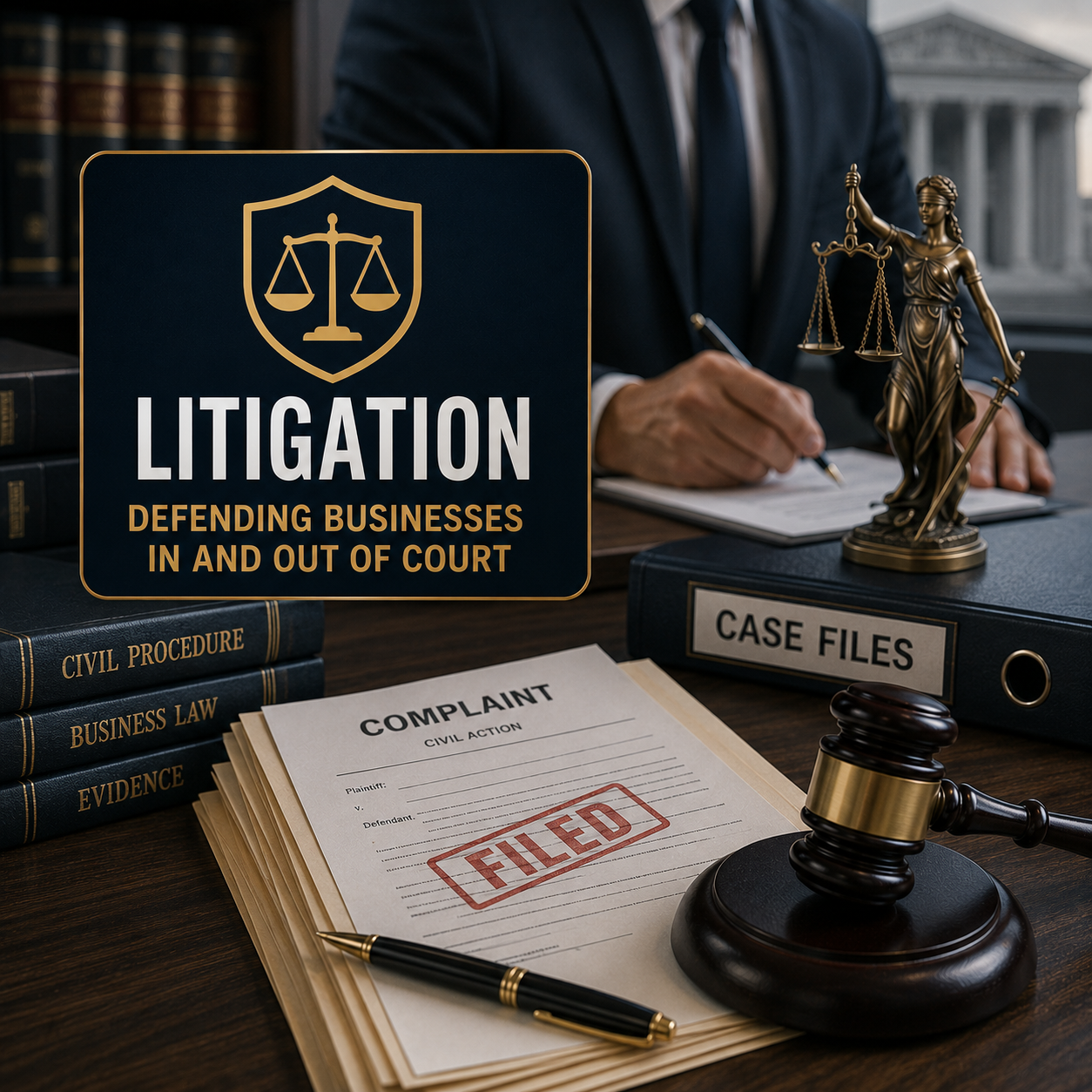 Merchant Cash Advance Litigation Defense Strategies Business litigation defense image showing legal documents, case files, courtroom symbols for companies facing merchant cash advance lawsuits